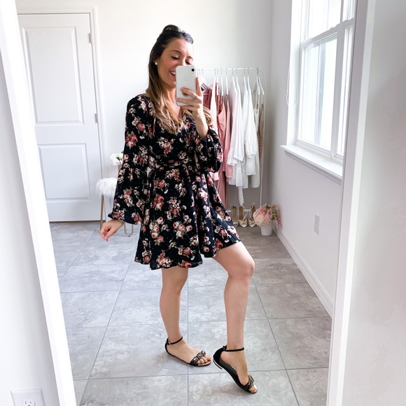 Black Floral Print Long Sleeve Fit & Flare Dress - Picture 12 of 14